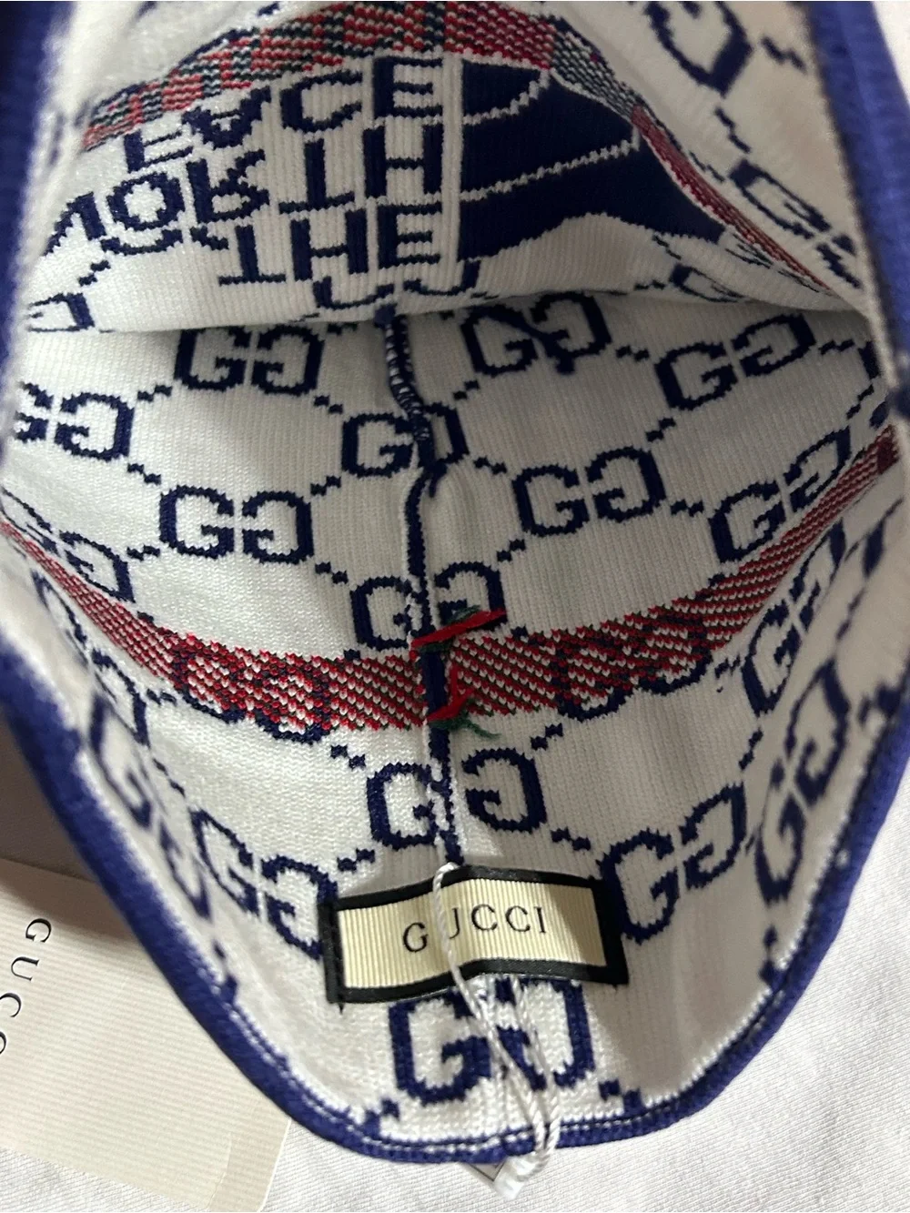 Gucci Navy, White, Red & Green Logo Knit Beanie